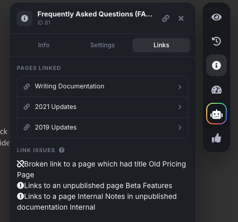 Link issues in the Links tab