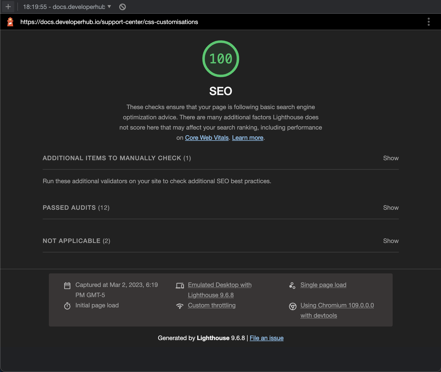 Google's Lighthouse SEO test on our pages