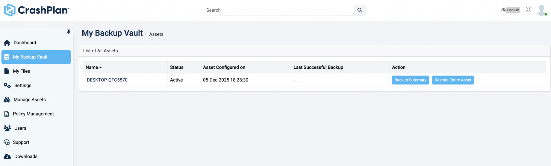 List of Assets - My Backup Vault