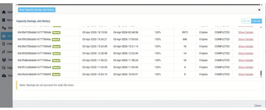 Capacity Savings Job History - OneDrive