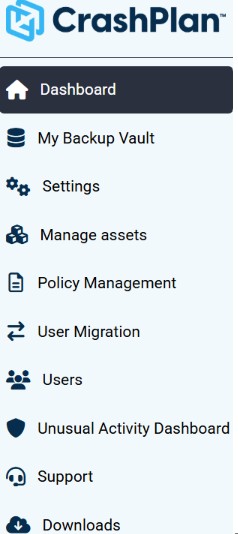 **Left Navigation - CrashPlan Platform**
