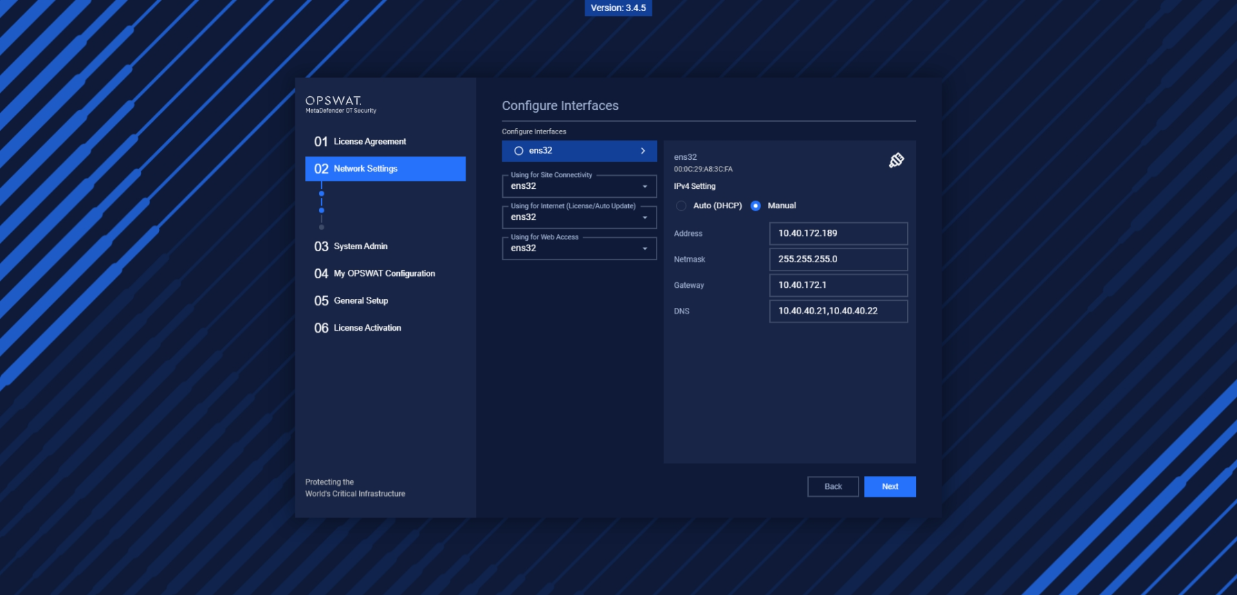 Configure interfaces and select the NIC for Site Connectivity, Internet and Web Access