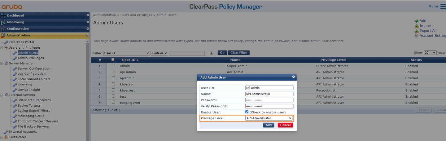 Create an API-level account in ClearPass