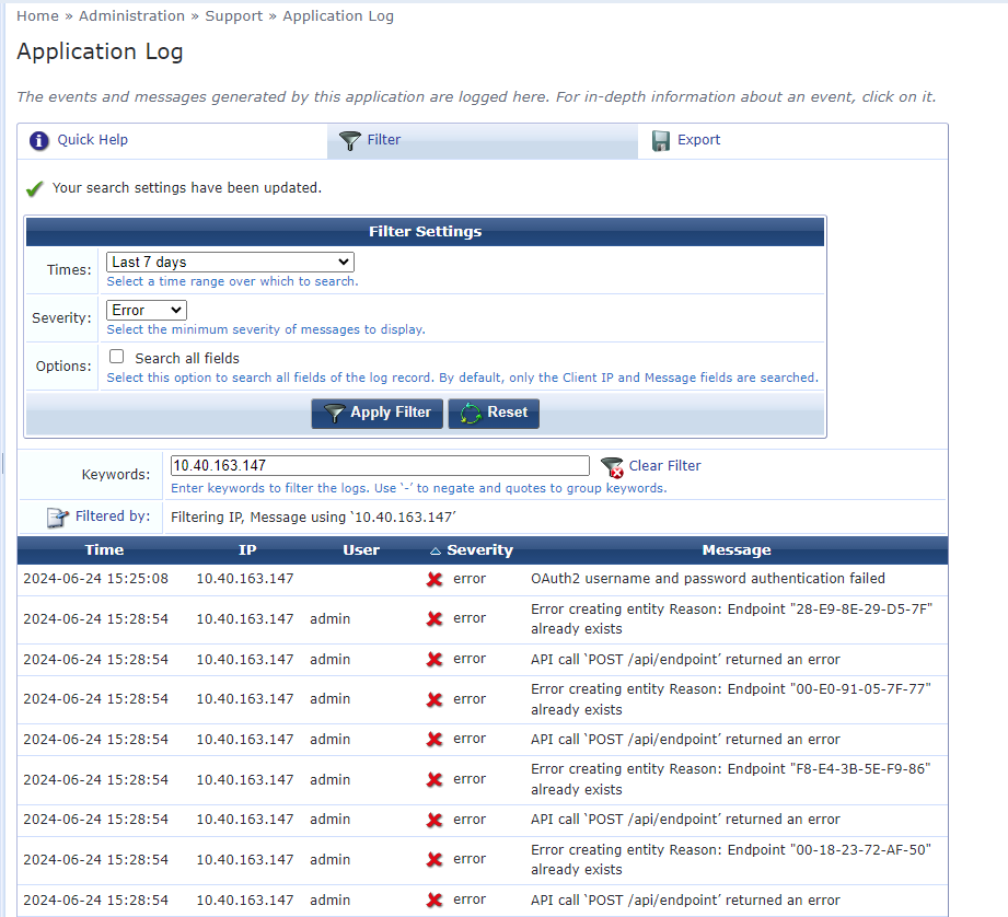 Example of API logs between MetaDefender OT Security and ClearPass Policy Manager
