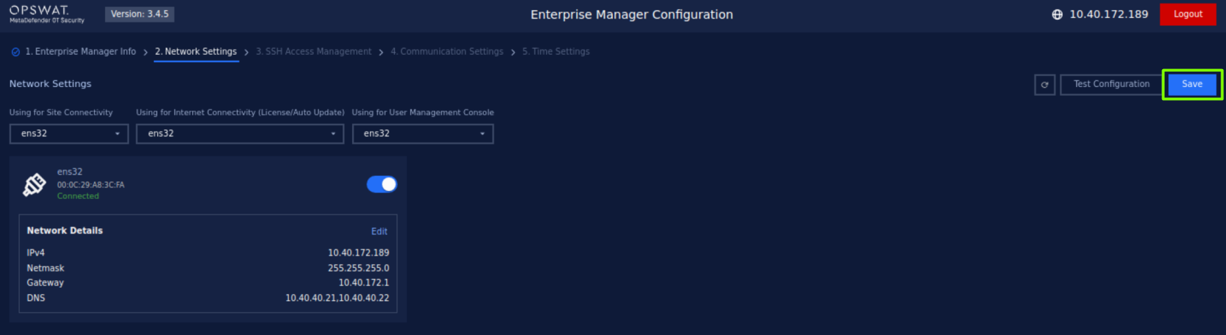 Click on the **Save** button to save the configuration