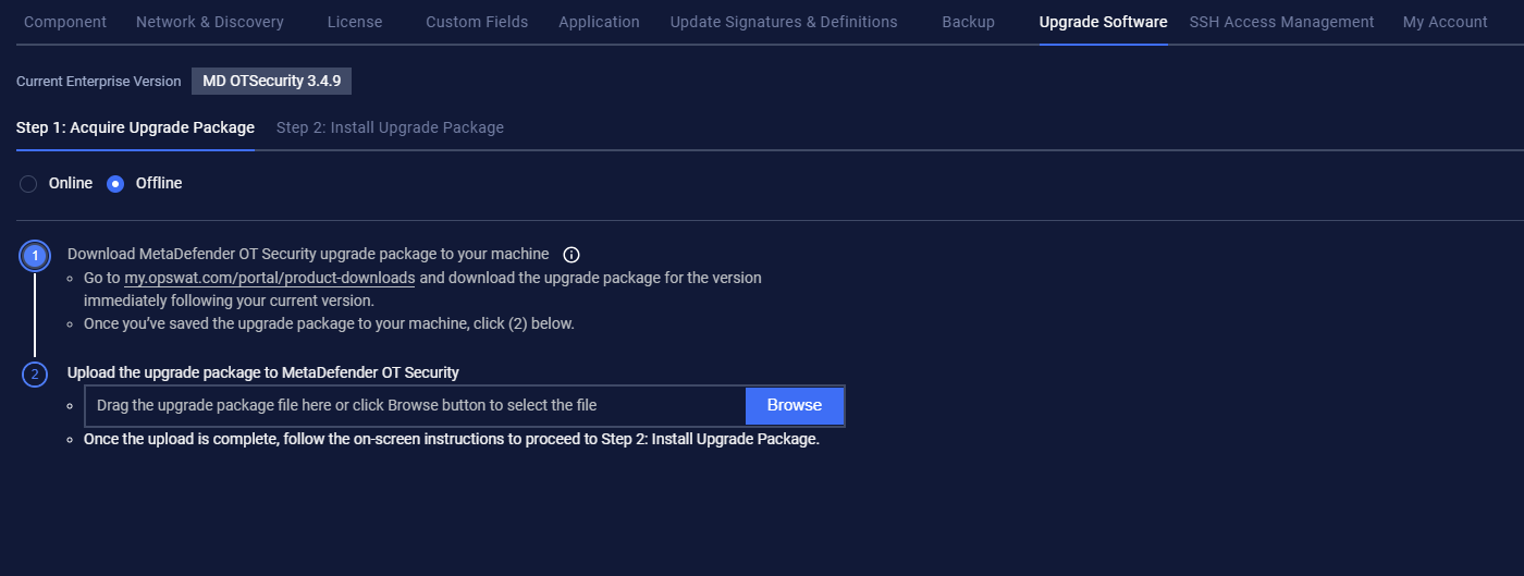 Upload the upgrade package to MetaDefender OT Security