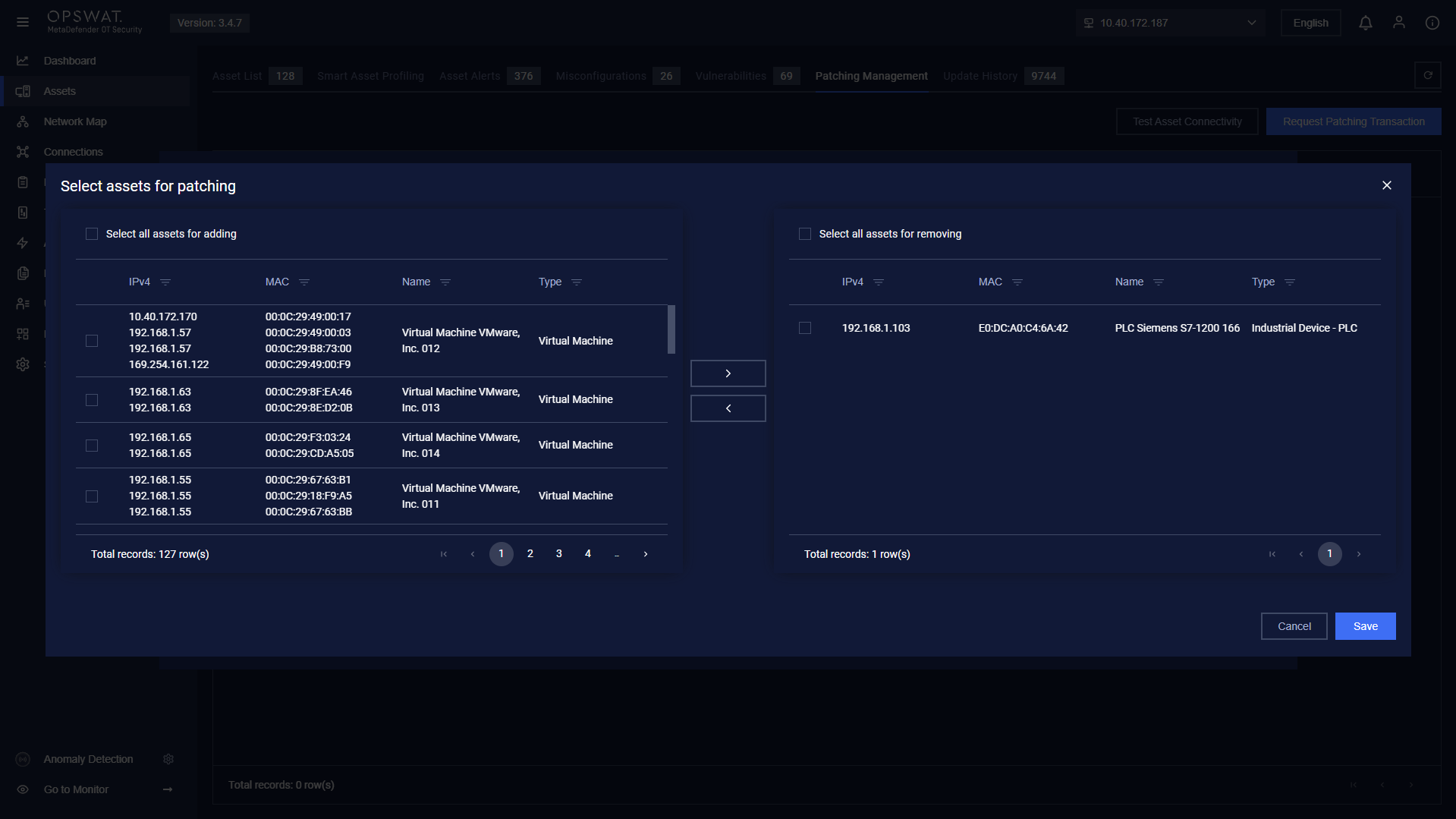 Select an asset for the patching request