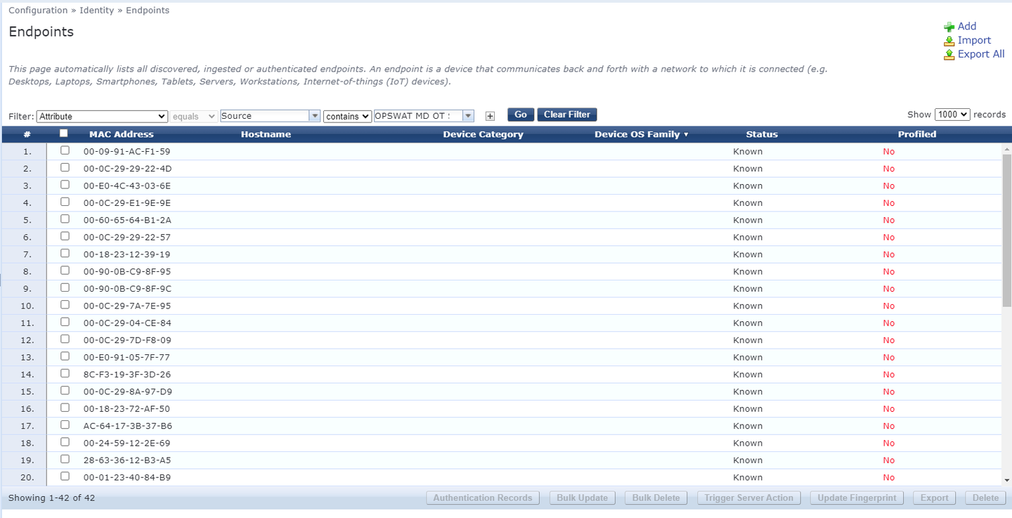 Example of Endpoints created by MetaDefender OT Security: