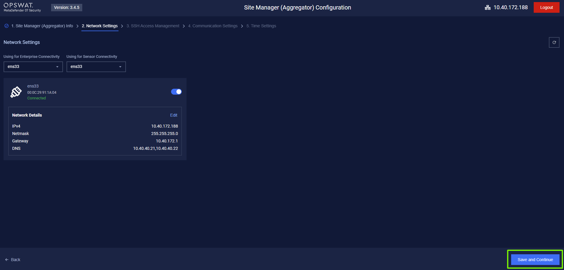 Click on the **Save and Continue** button to save the configuration