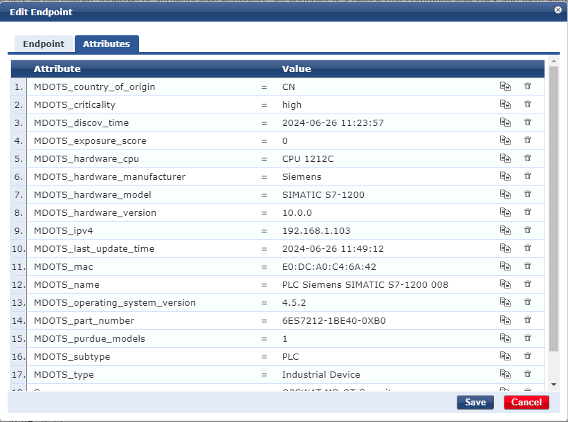 Custom Endpoint data created by MetaDefender OT Security