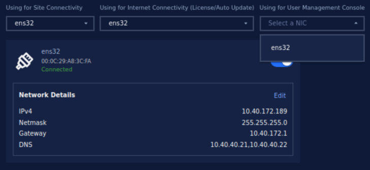 Select NIC for Management Console
