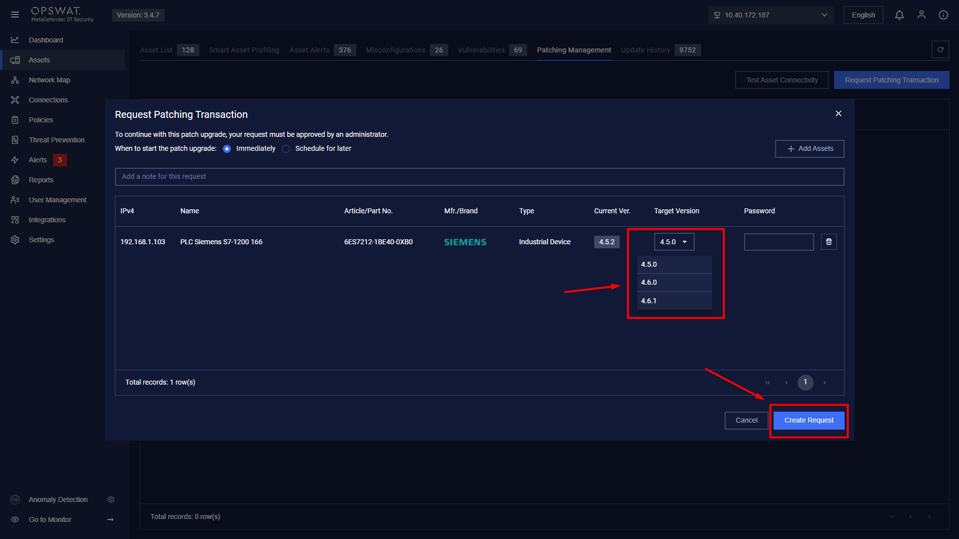 Select the target version to create the request