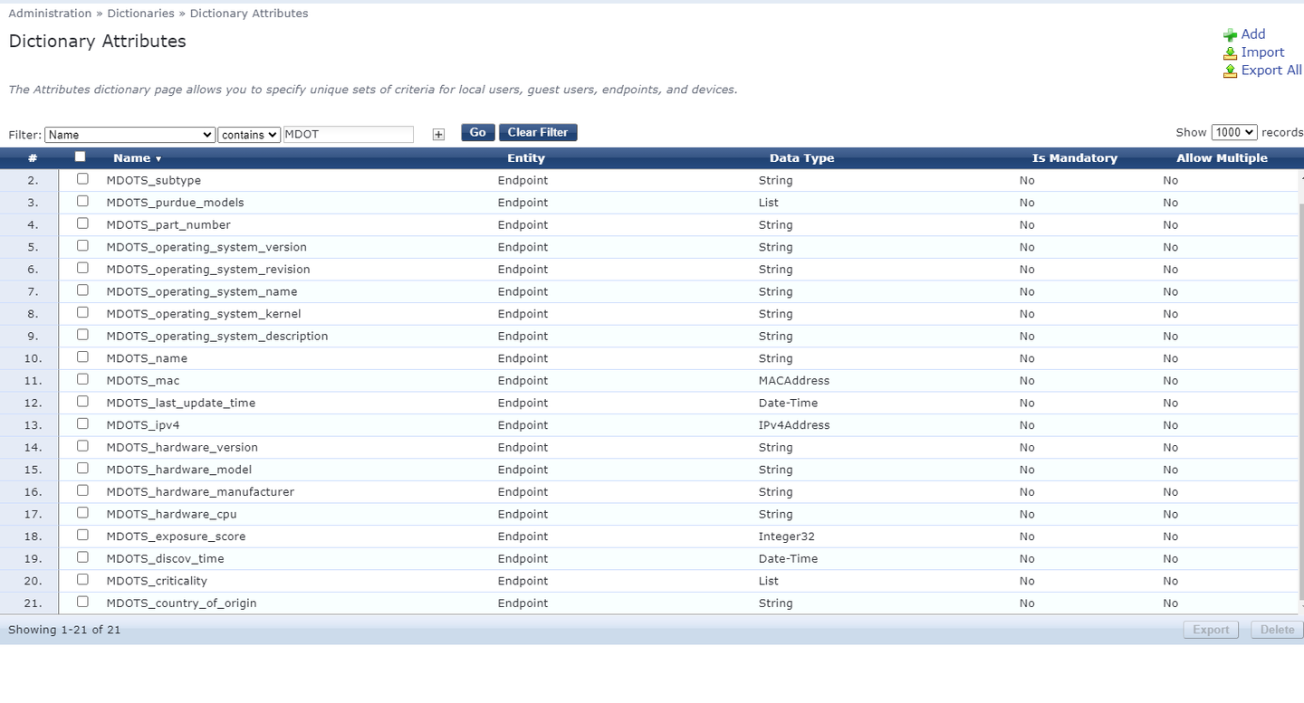 Endpoint Dictionary Attributes created by MetaDefender OT Security