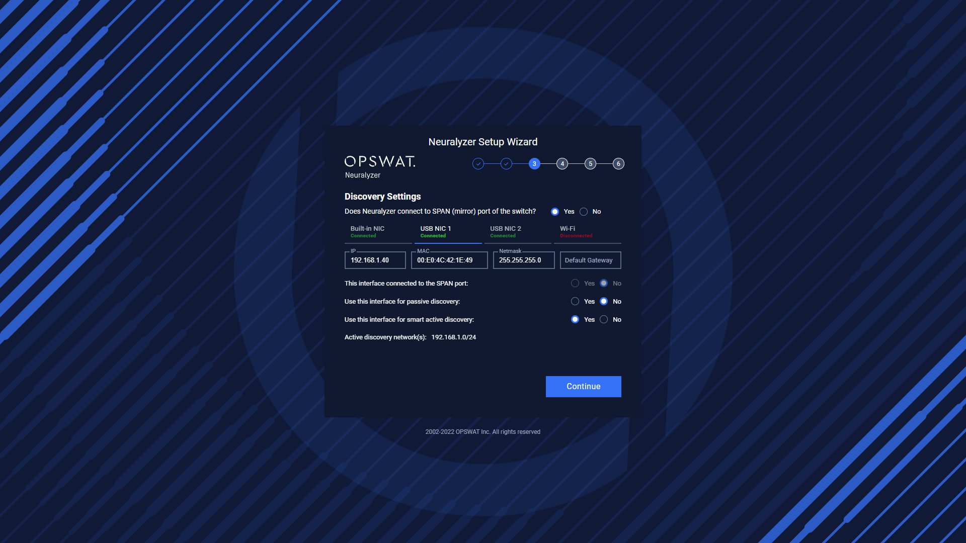 Setting USB NIC 1 for active scanning.