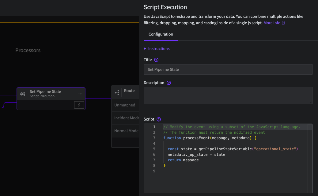 This screenshot shows the configuration of the Script Execution Process to get the operational state of a Pipeline and use it in a message for downstream Processors
