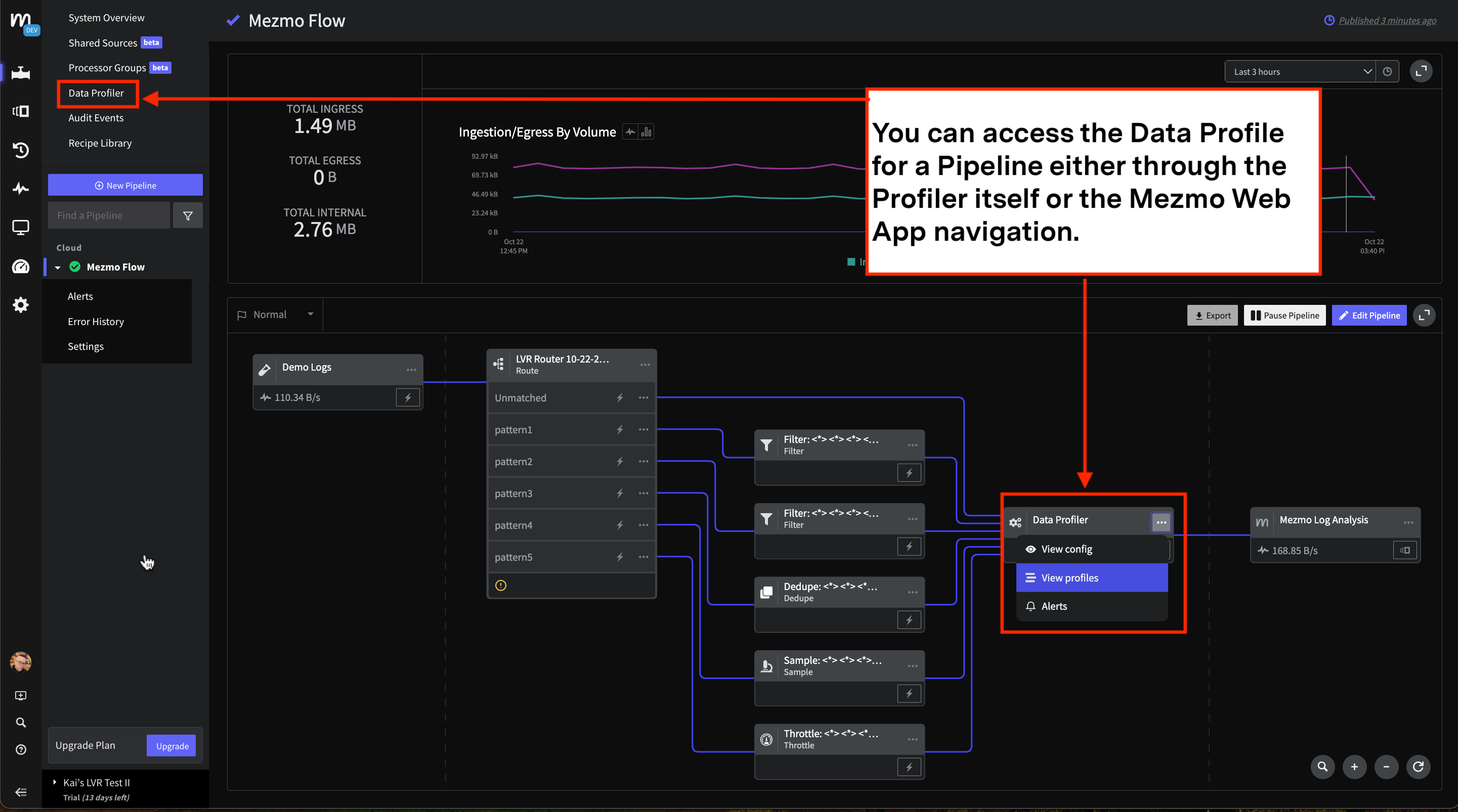 This screenshot shows how to access the Data Profile for a Pipeline through both the Processor and the navigation in the Mezmo Web App.