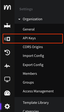 Access to the API Keys through **Settings > Organization**