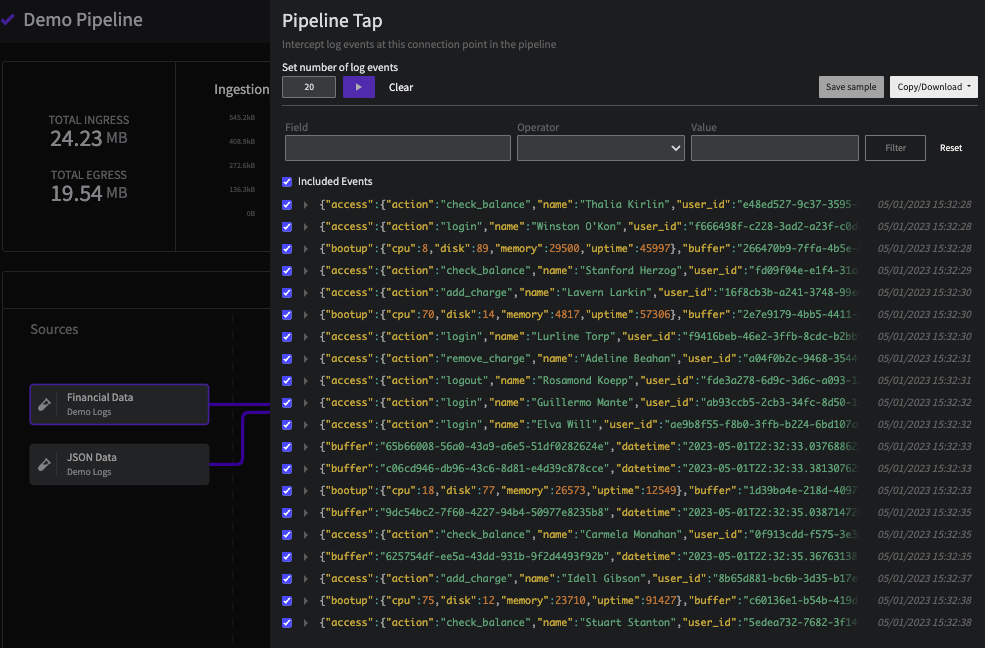 The Pipeline Tap view for the Financial Data Source
