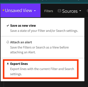The Export lines option in the Unsaved View menu.