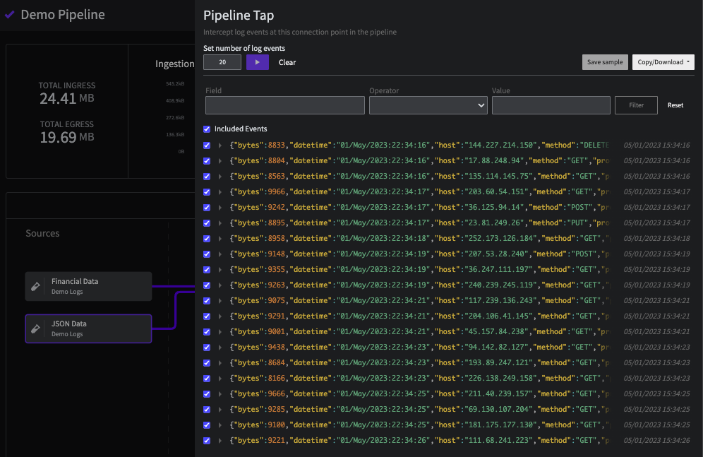 The Pipeline Tap view for the JSON Data Source
