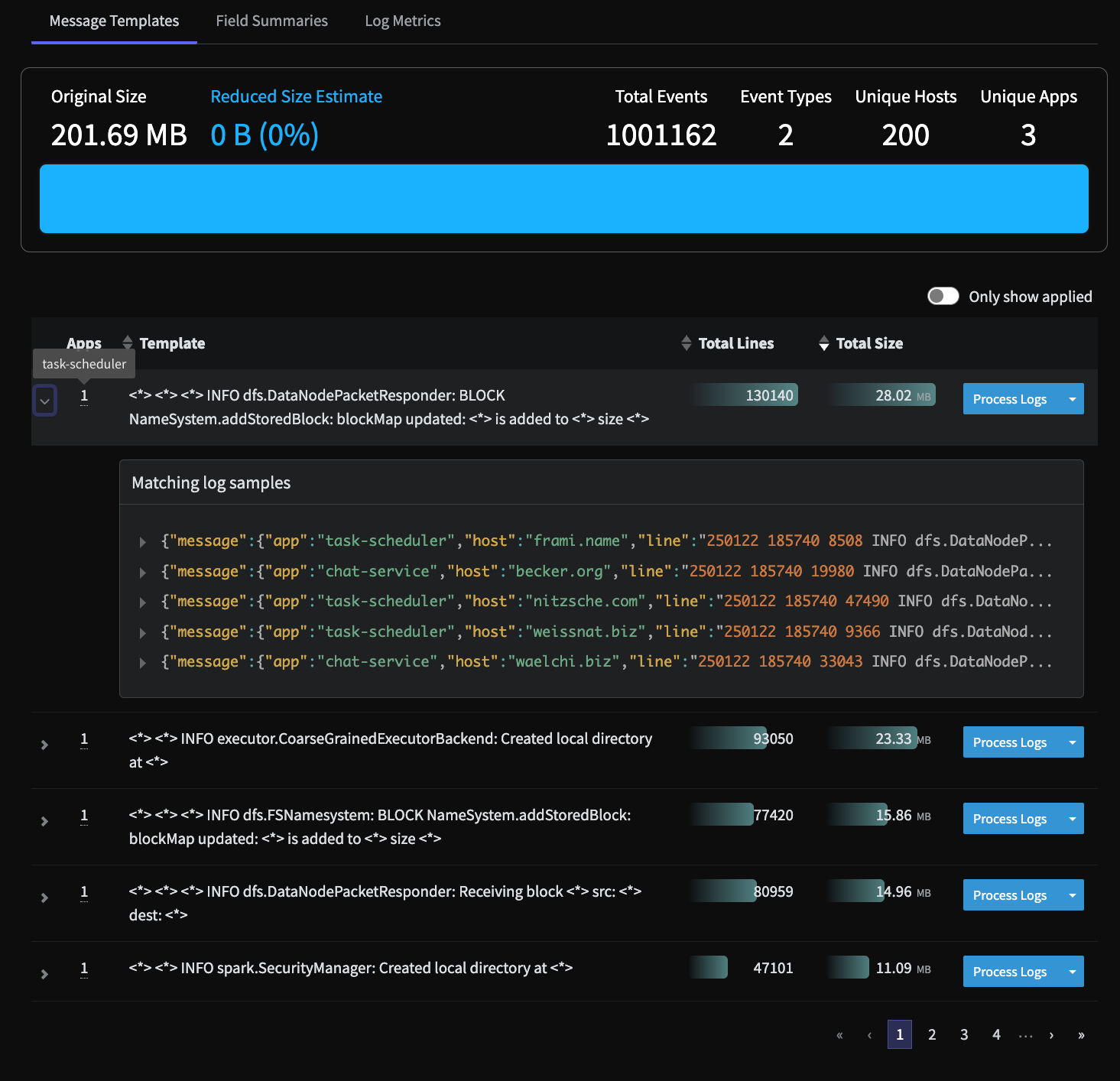 The Message Templates discovered by the Data Profiler, including the app that generated the selected template, and matching log samples