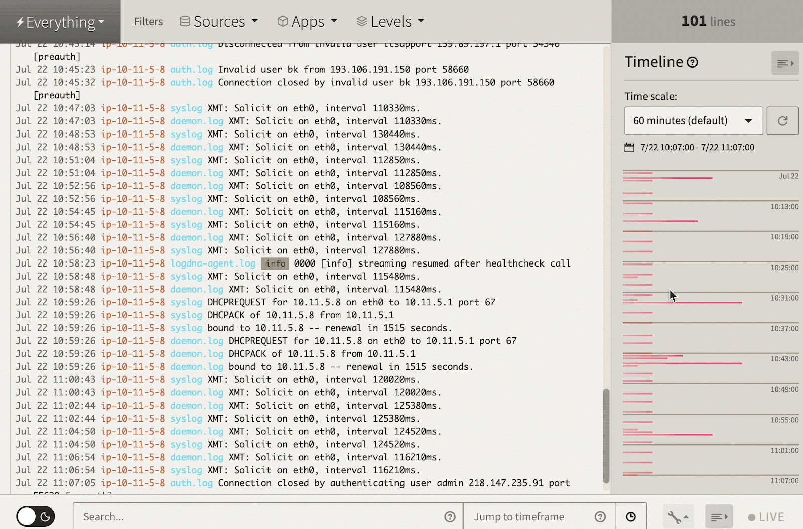 Select jump to on the time scale to jump to a certain block of time.