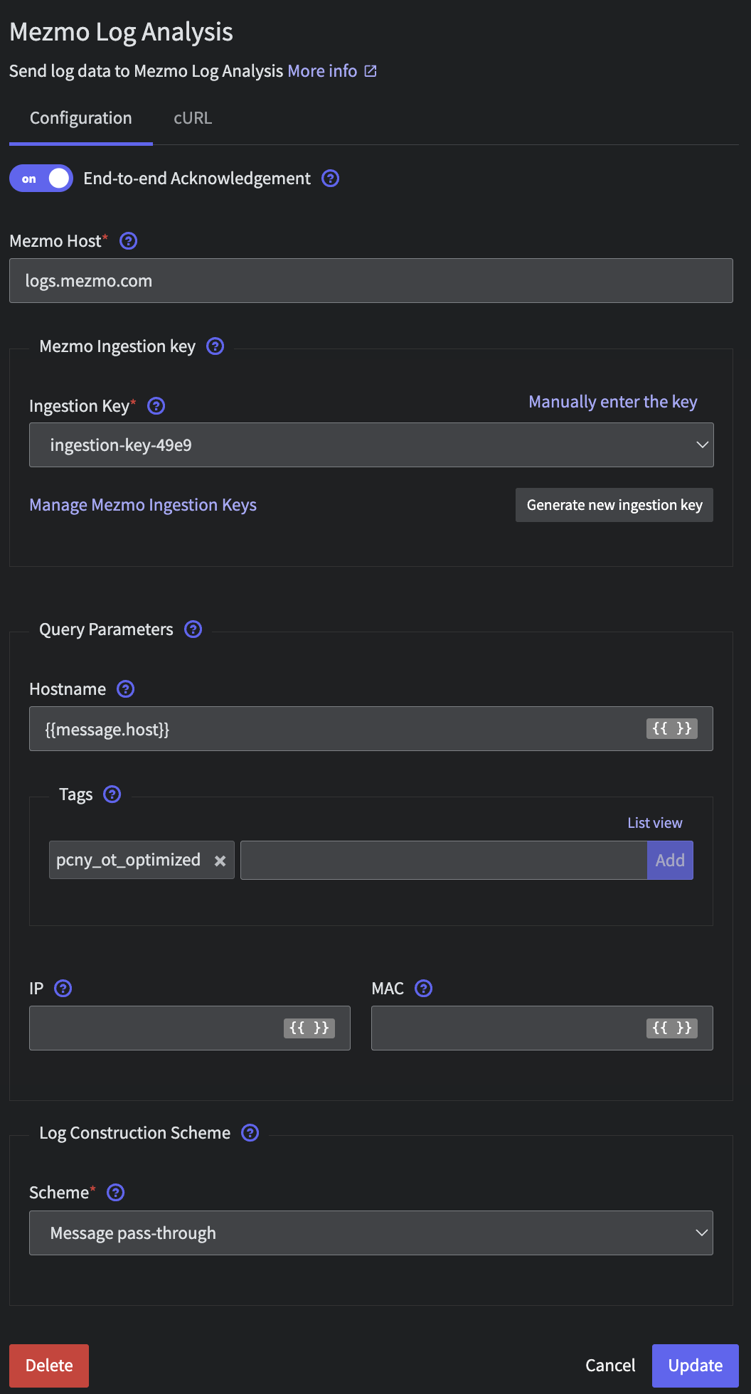 Mezmo Log Analysis Destination Configuration