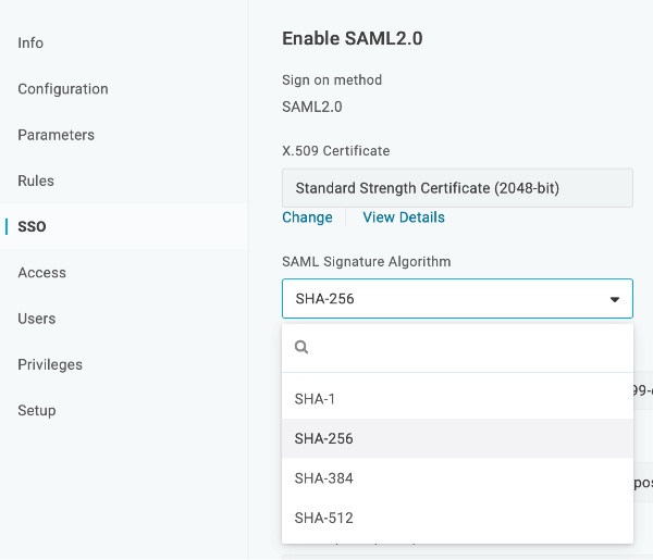 Select SHA-256 from the dropdown in Okta.