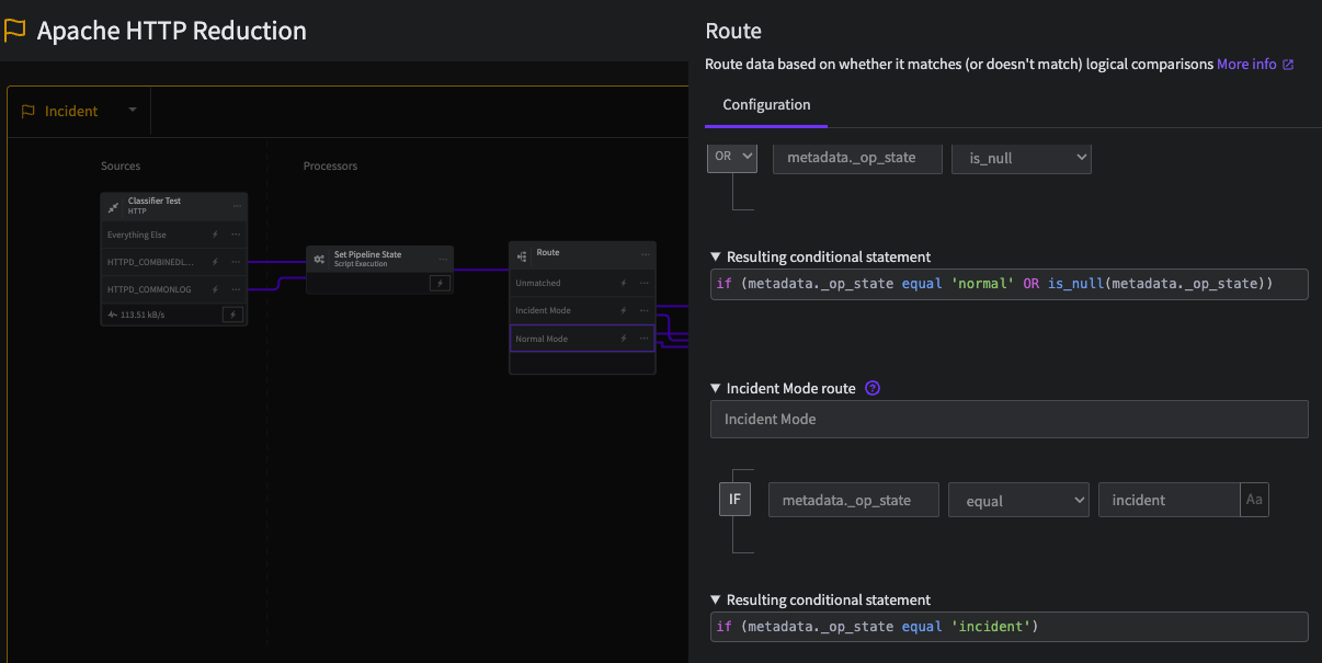 This screenshot shows the configuration of the conditions in the Route Processor for both Monitoring and Incident Modes