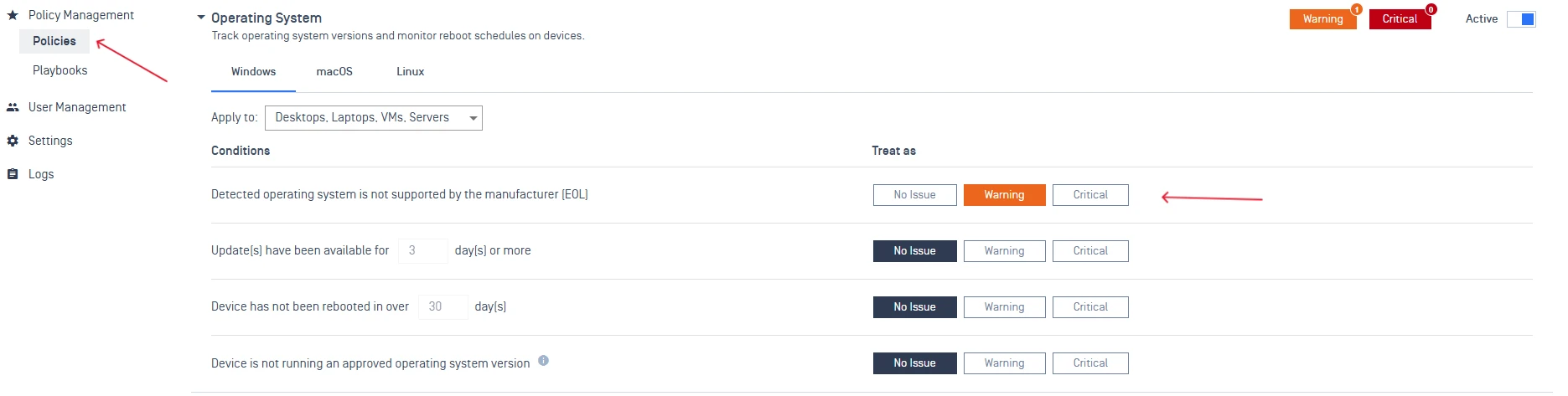 MetaDefender IT Access console showing where to configure the “Unsupported Operating System (EOL)” warning behavior.