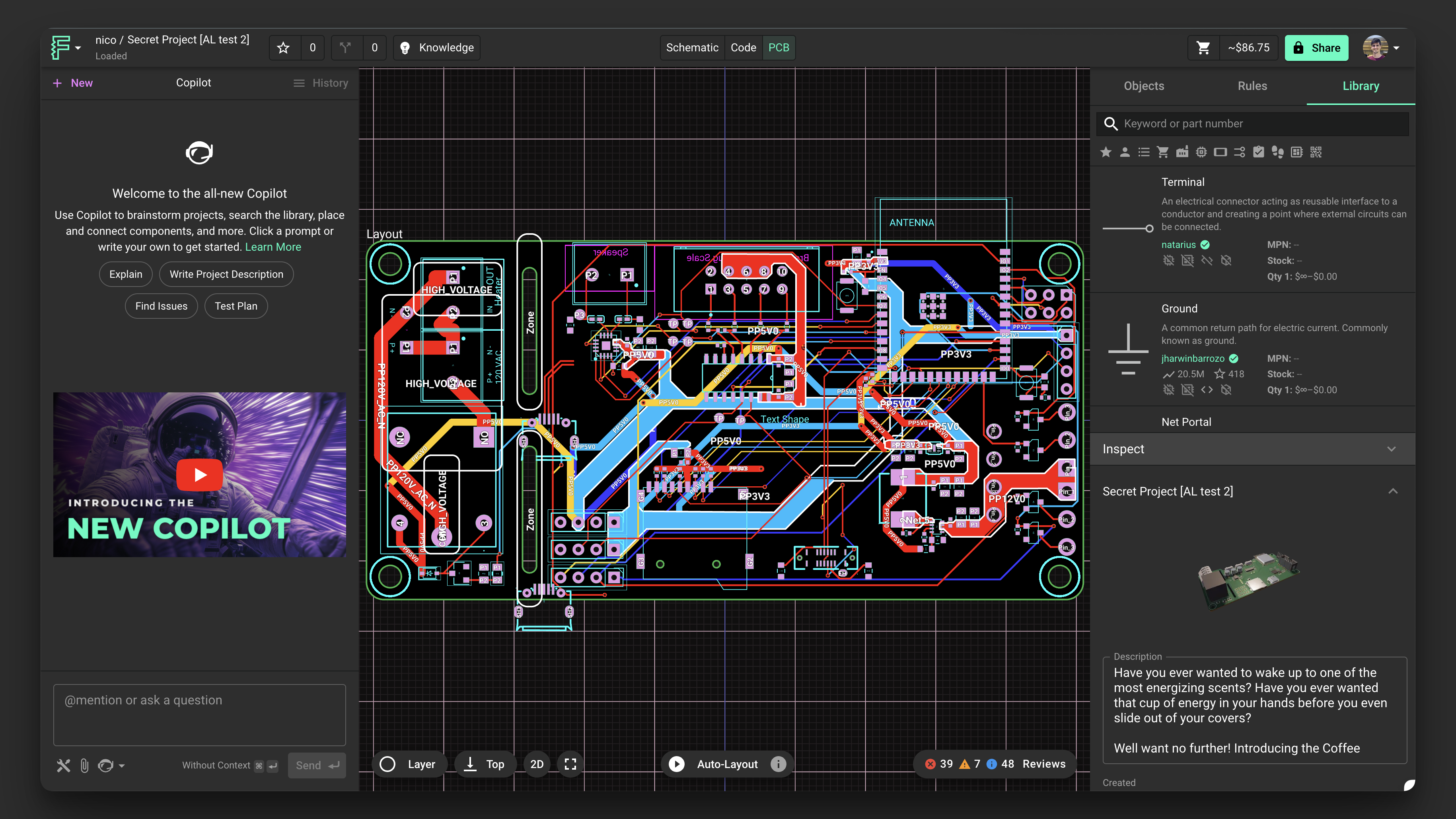 **Left Side - Copilot Menu:** interact with Flux AI Agent. **Right Side -** **Object tree:** lists every object in the PCB canvas. **Rules:** layout rules that apply to objects matching the selector

**- Layout rules:** layout rules that apply to the selected object only.
