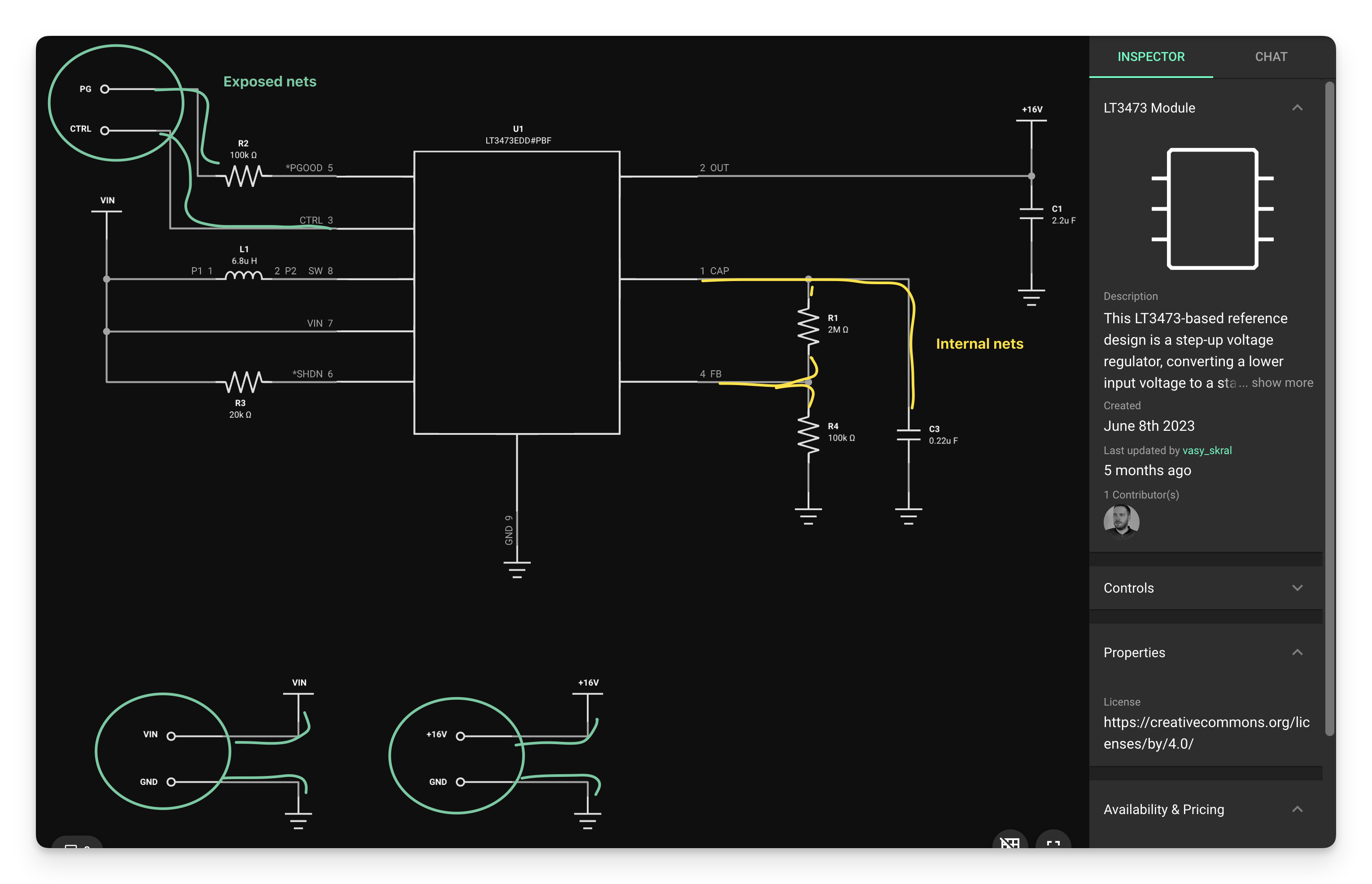 Internal nets from a module (shown in green) can be exported to be used in the host project by connecting a terminal