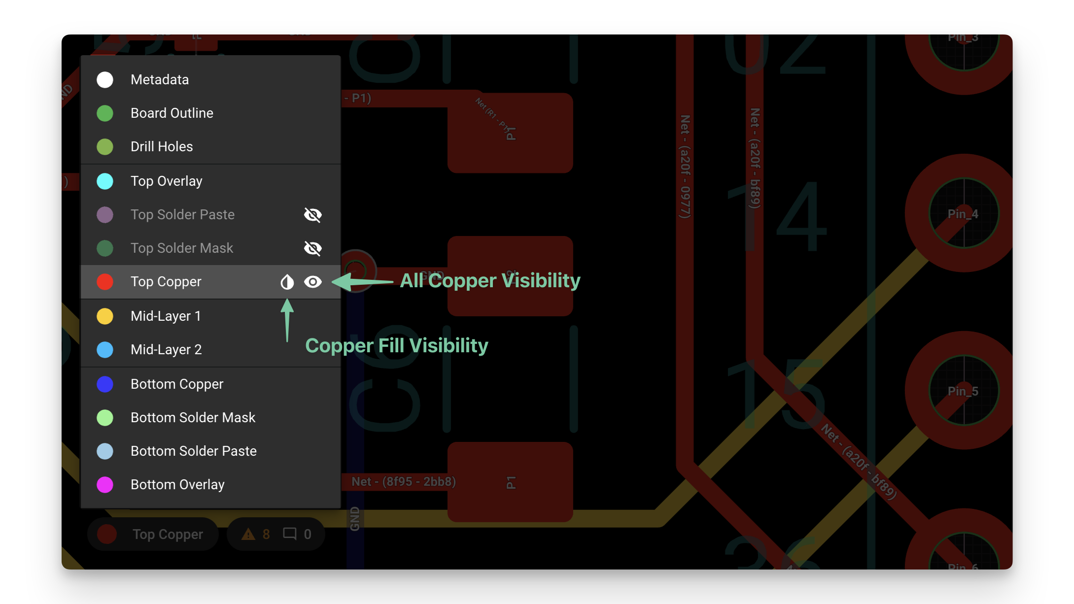 **Drop icon**: Only toggles visibility of the copper fills - **Eye icon**: Shows or hides all copper in the respective layer