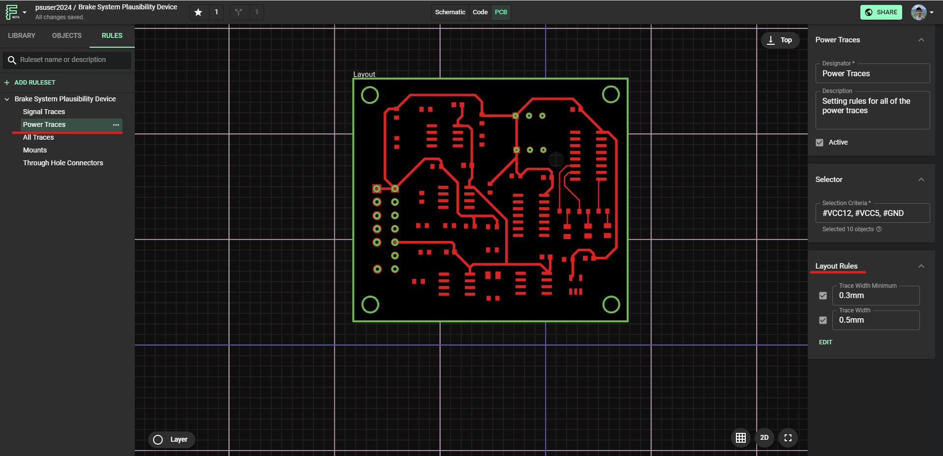 Once you select that new ruleset, you will notice that a new panel appears on the right side of the canvas. This is where you will determine the selectors that determine what objects are affected and the rules that will apply to the objects
