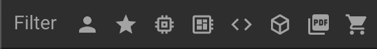 From left to right: **Person**: items you own - **Star:** items you've starred - **Chip:** contains a footprint (is a part) - **Blocks:** contains a sub-layout - **<>:** contains simulator code - **3D Cube:** contains a 3D model. **PDF:** contains datasheet link. **Cart:** contains part number