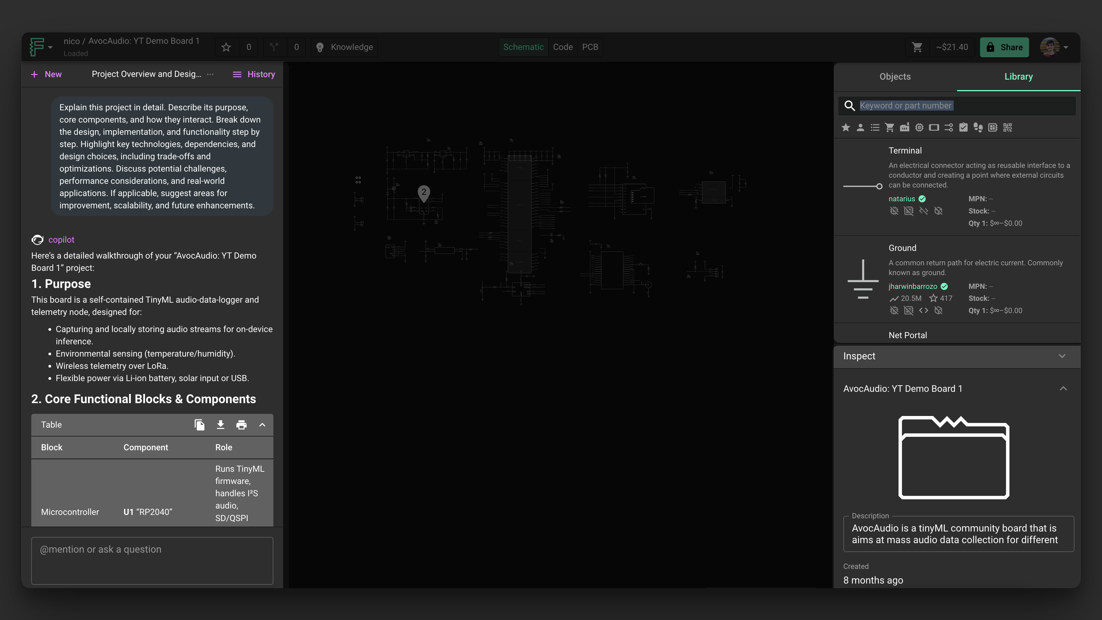 From left to right: **Copilot**: use this interface to chat with Copilot. - **Library**: list of all the parts you have access to **Inspector:** shows contextual information about the selected element (properties, pricing, etc)