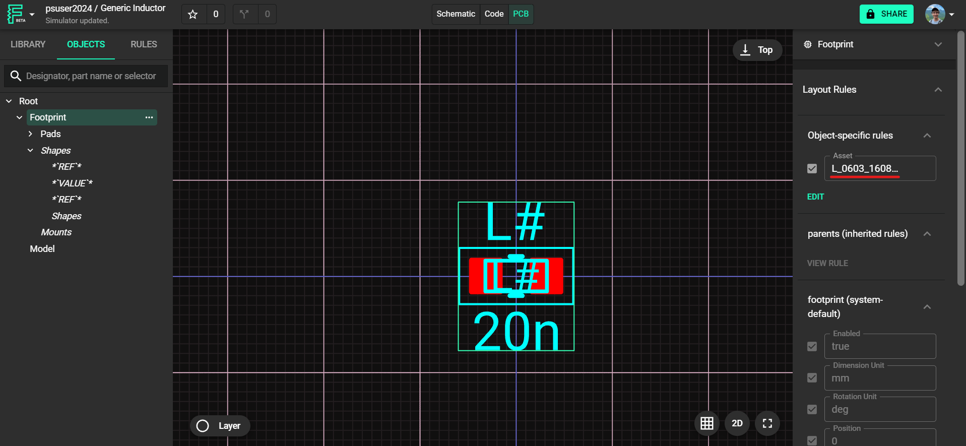 A footprint of an inductor imported to Flux via a ".kicad_mod" footprint file. The asset ID is listed in the "asset" property of the footprint object, allowing the footprint from the file to appear.