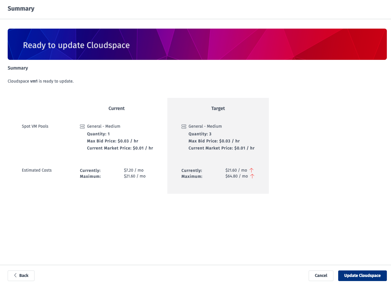 Summary showing scale up from 1 to 3 VMs