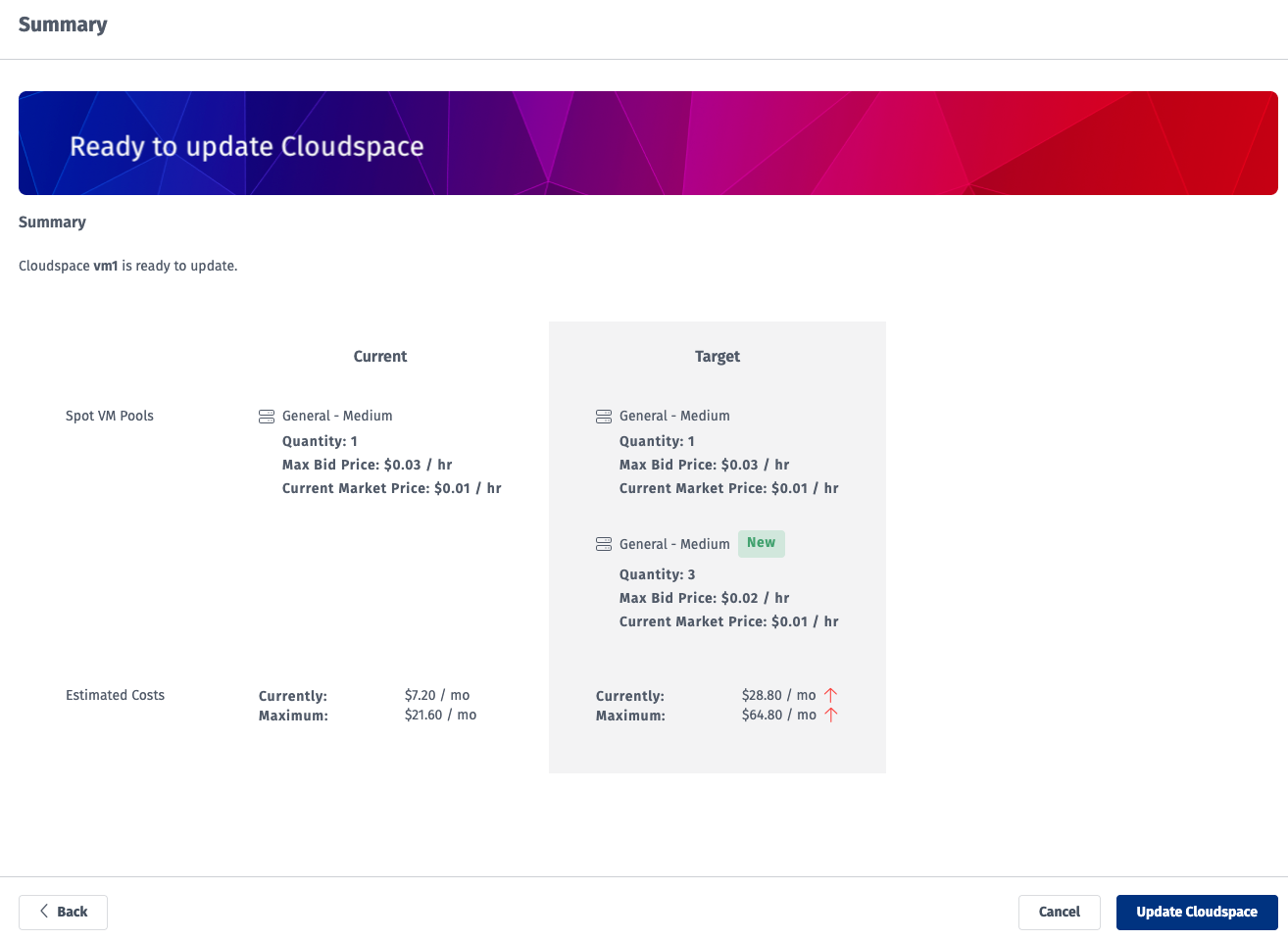 Summary page displays new VM Pools to be added, confirm and it will add a new VM Pool to your existing VM cloudspace