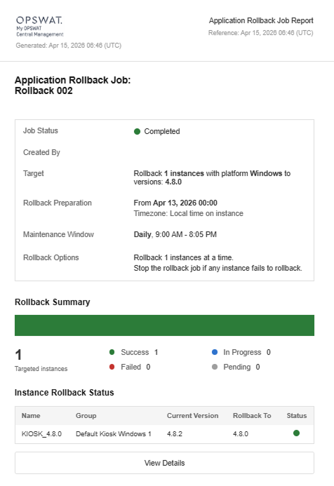 Application rollback email report