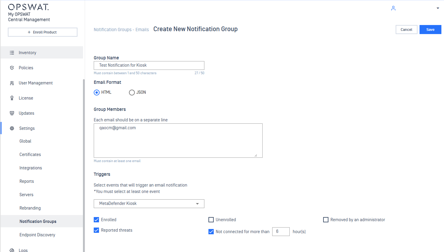 Navigate to **Settings > Notification Groups** to set triggers for email notification.