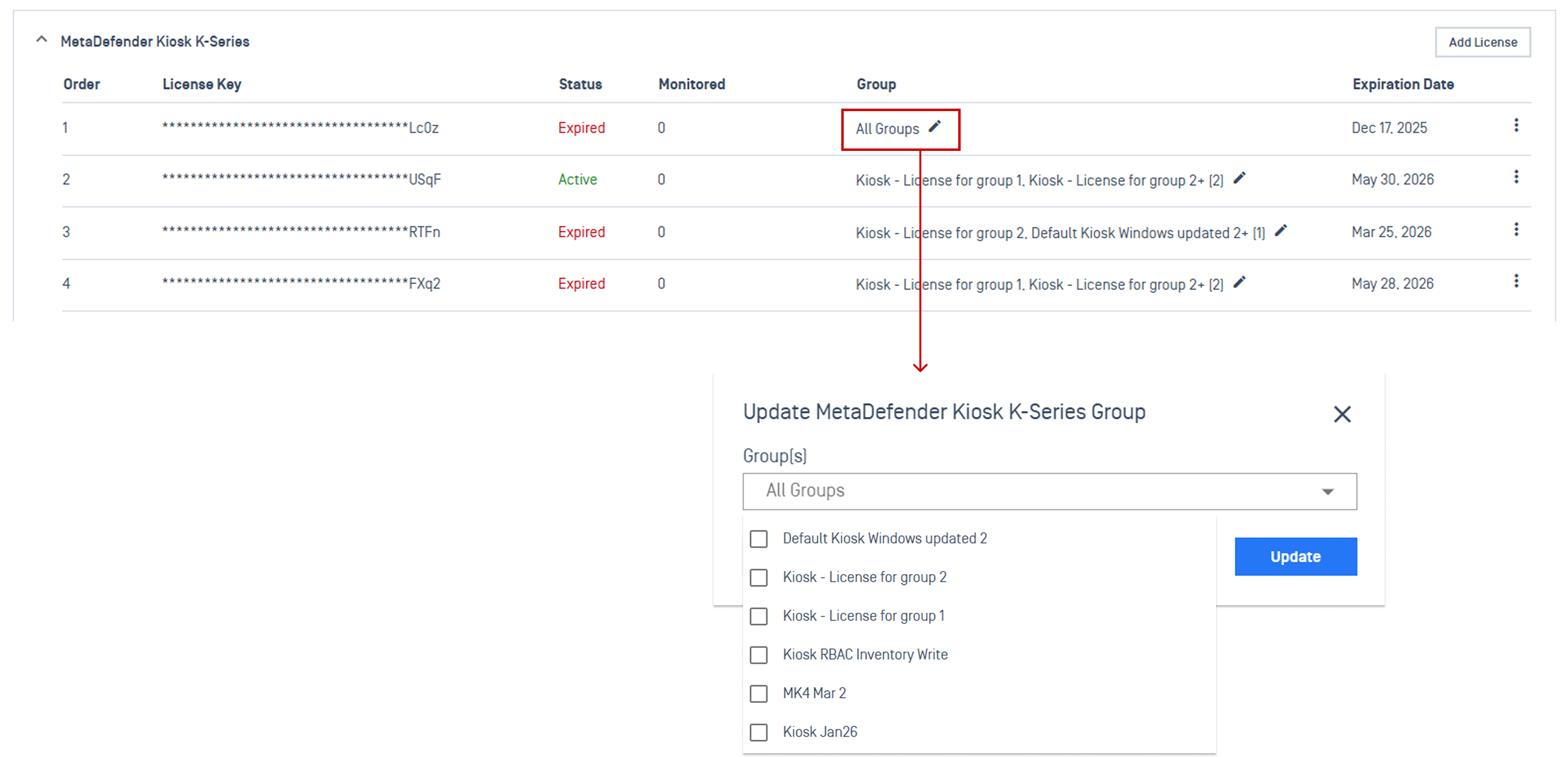 Assign one or multiple groups to a license