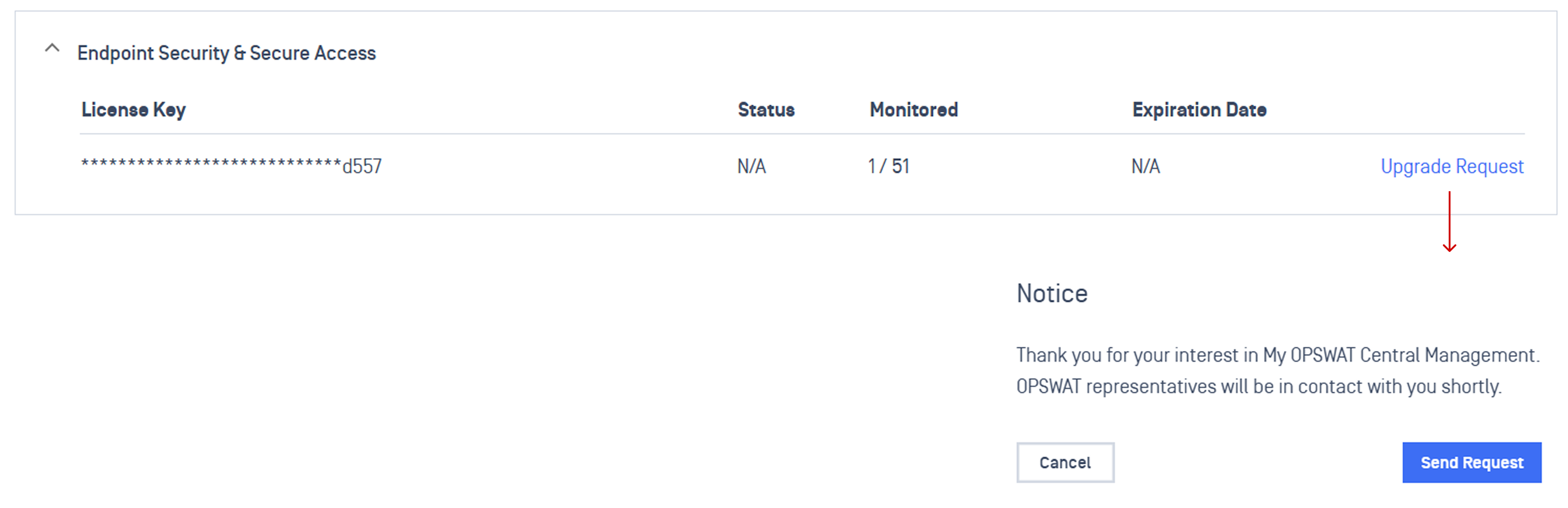 Send Upgrade Request for MetaDefender Endpoint