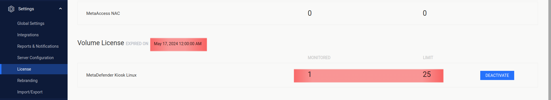 OPSWAT Central Management will provide information about the volume license expiration and kiosk limit as shown.