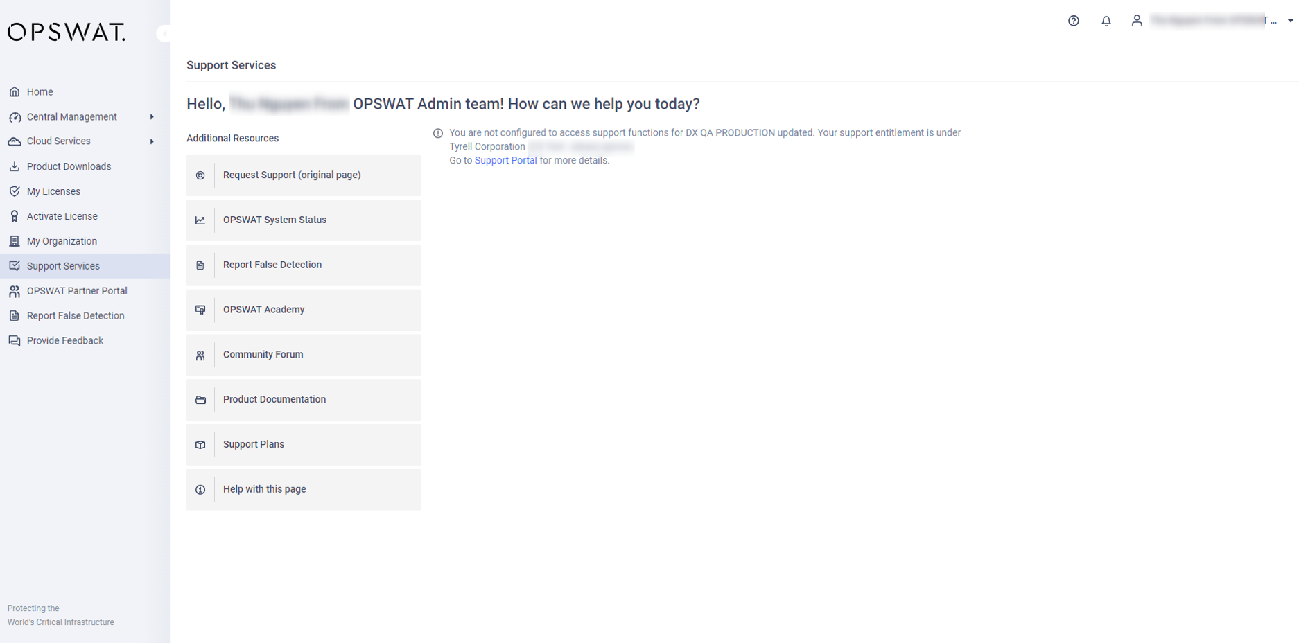 You are not cònigured to access support functions for...updated. Your support entitlement is under...