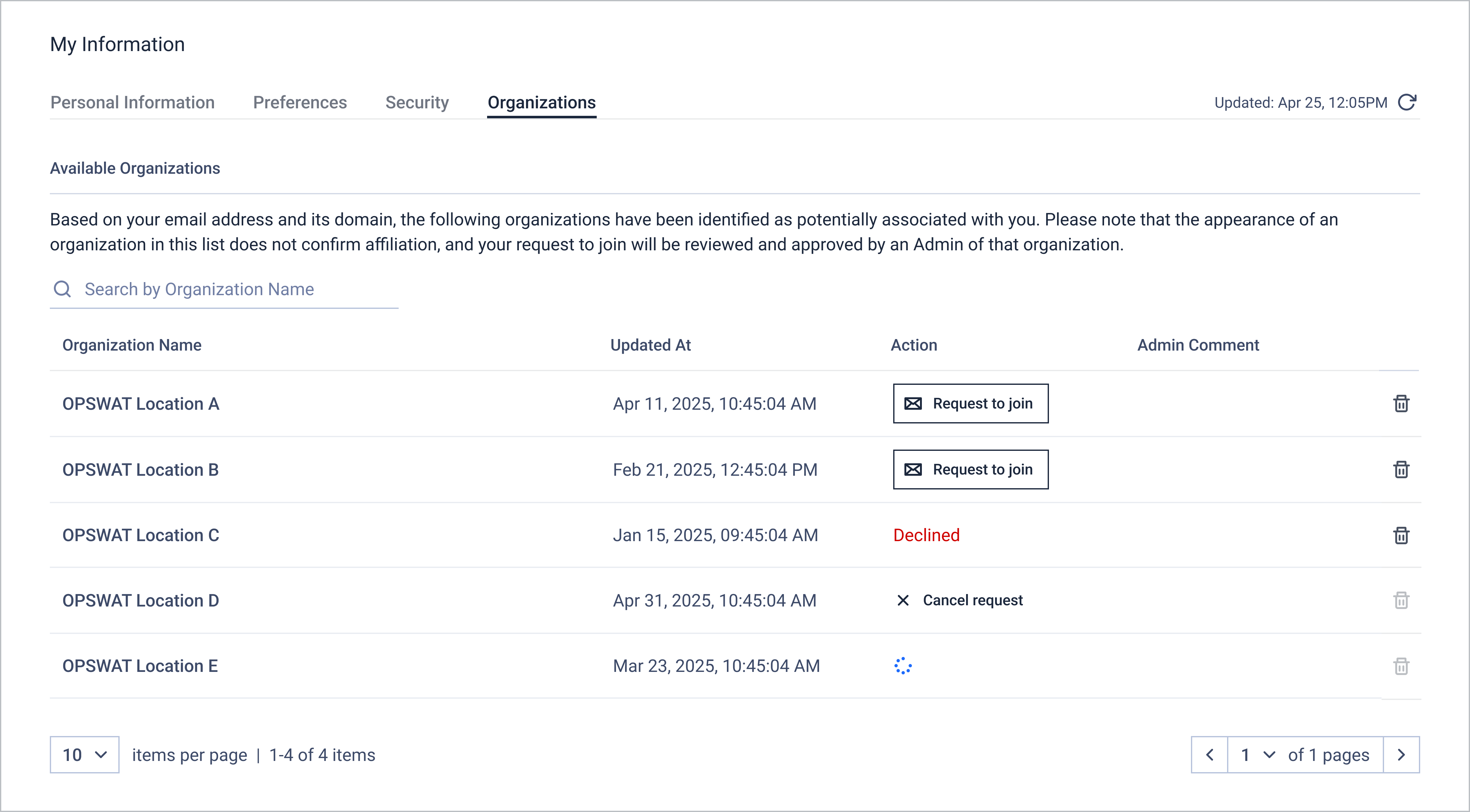 _**For users:**_ _Find all organizations you are eligible to join by navigating to_ _**My Information &gt; Organizations &gt; Available organizations**_