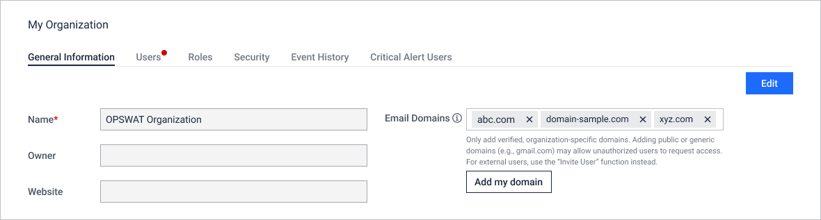 _**For organization admins:**_ _Set up domain for your organization by navigating to_ _**My Organization &gt; General Information &gt; Add my domain**_