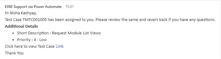 Test Case Creation MS Teams Notification