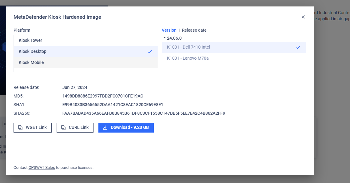 Image: Download page of MetaDefender Kiosk Hardemed Image on My OPSWAT Portal