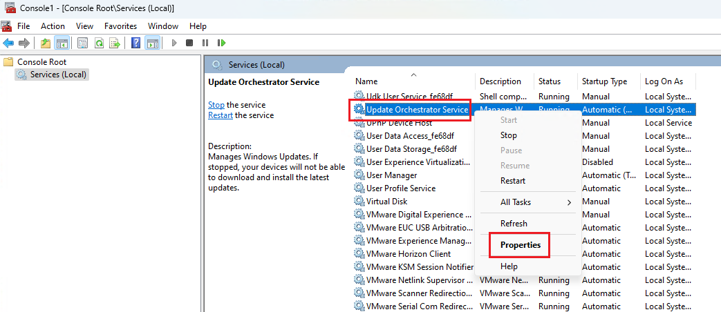 _Open Properties of Update Orchestrator Service_